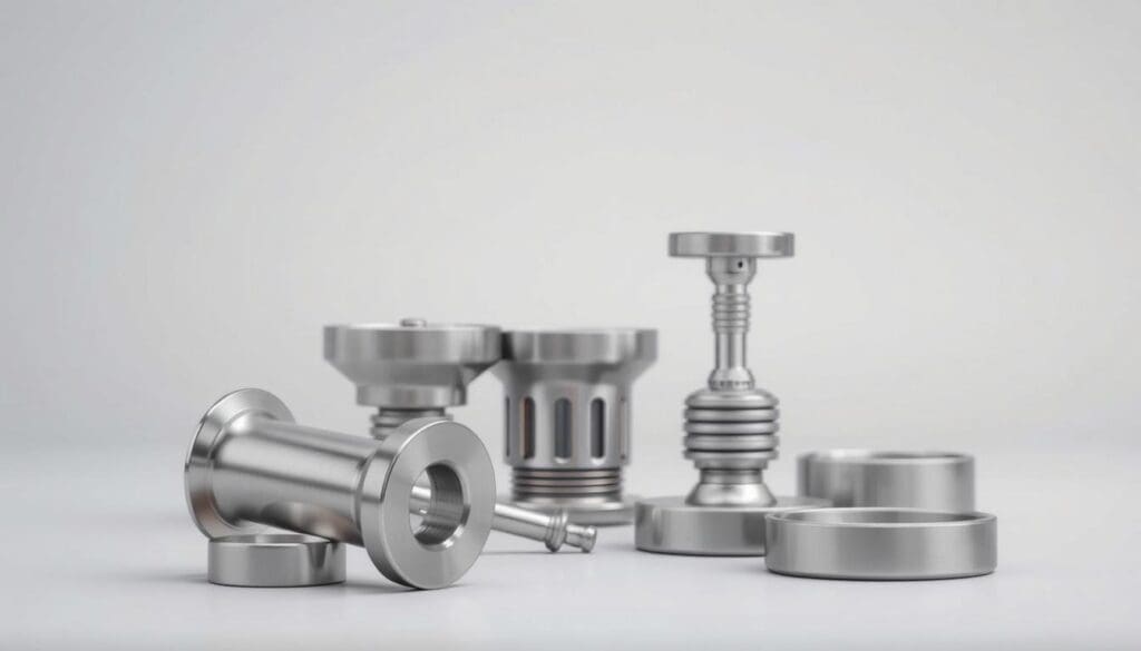 An intricate arrangement of metallic hip implant components, showcased in a crisp, well-lit studio setting. In the foreground, a polished femoral stem gleams under soft, directional lighting, while the acetabular cup and liner components are positioned in the midground, their surfaces reflecting the illumination with a subtle sheen. The background fades into a neutral, diffused backdrop, allowing the technical details of the prosthetic parts to be the focal point. The scene conveys a sense of precision and medical professionalism, capturing the essence of "Understanding Hip Implants: An Overview" with a visually engaging, technically accurate depiction.
