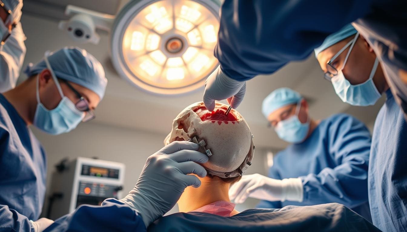 An operating room during an awake craniotomy procedure. A patient's head is carefully positioned on the surgical table, surrounded by medical equipment and attentive medical staff. The bright overhead surgical lights cast a warm, focused glow, illuminating the sterile surgical field. Surgeons in blue scrubs delicately work on the patient's exposed skull, using precision tools to carefully open the cranium and access the brain tissue. The atmosphere is one of intense focus and medical expertise, conveying the gravity and importance of the neurosurgical task at hand.