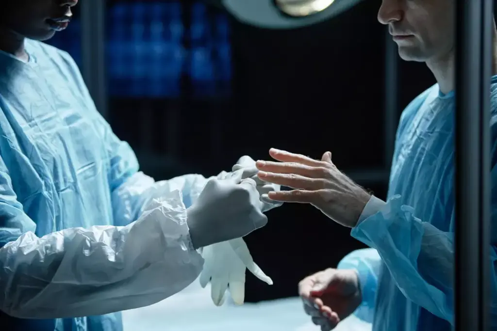 An operating room scene featuring a detailed medical illustration of a carpal tunnel release surgery. The focal point is a surgeon's hand performing the procedure on a patient's exposed wrist, with the skin and soft tissues retracted to reveal the transverse carpal ligament. The lighting is bright and clinical, emphasizing the precision and technical nature of the surgery. The background is filled with medical instruments, equipment, and a team of healthcare professionals assisting the primary surgeon. The overall mood is one of focused professionalism, with a sense of care and attention to detail. The image conveys the expertise and care required for this common but delicate hand surgery.