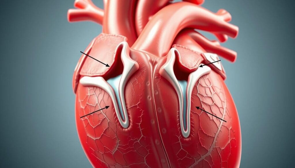 Detailed anatomical diagram of the four heart valves and their precise locations within the human heart. High-resolution, photo-realistic illustration showcasing the aortic, mitral, pulmonary, and tricuspid valves in their respective positions. Rendered with striking clarity and precision, illuminated by natural soft lighting to highlight the intricate valve structures and surrounding cardiac anatomy. Captured from a slightly elevated perspective to provide a clear, comprehensive view. Convey a sense of clinical focus and medical education.