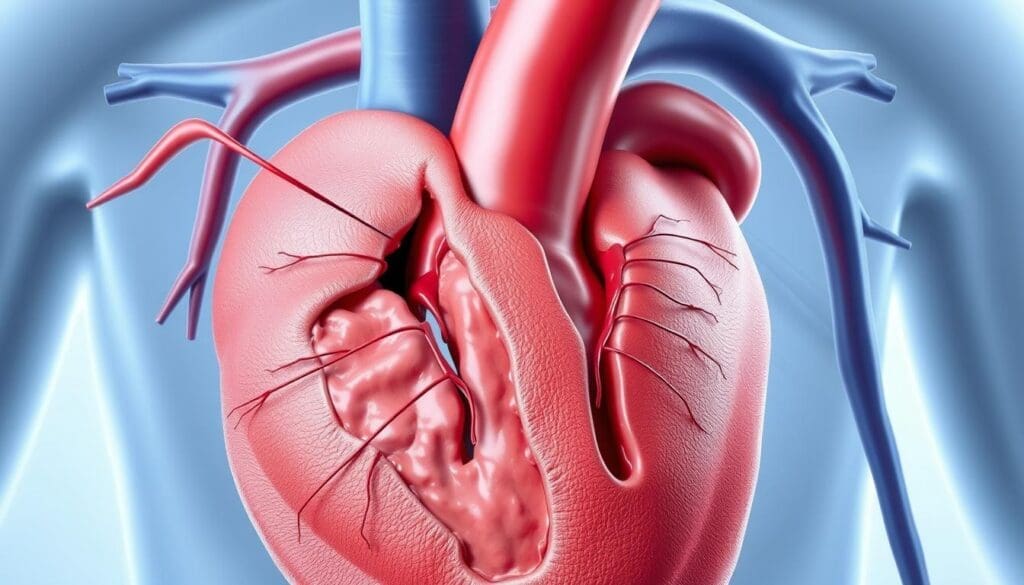 Detailed anatomical illustration of the coronary arteries and myocardium, depicting the pathophysiology of coronary ischemia. Crisp, medical-style rendering with high-contrast colors and sharp focus. Clearly delineate the narrowed coronary artery lumen, reduced blood flow, and resulting ischemia in the affected myocardial tissue. Employ a cool, clinical color palette with subtle blue and gray hues. Overhead lighting casts dramatic shadows, emphasizing the three-dimensional structure. Angle the view to provide a clear visual explanation of the underlying mechanisms of coronary ischemia.