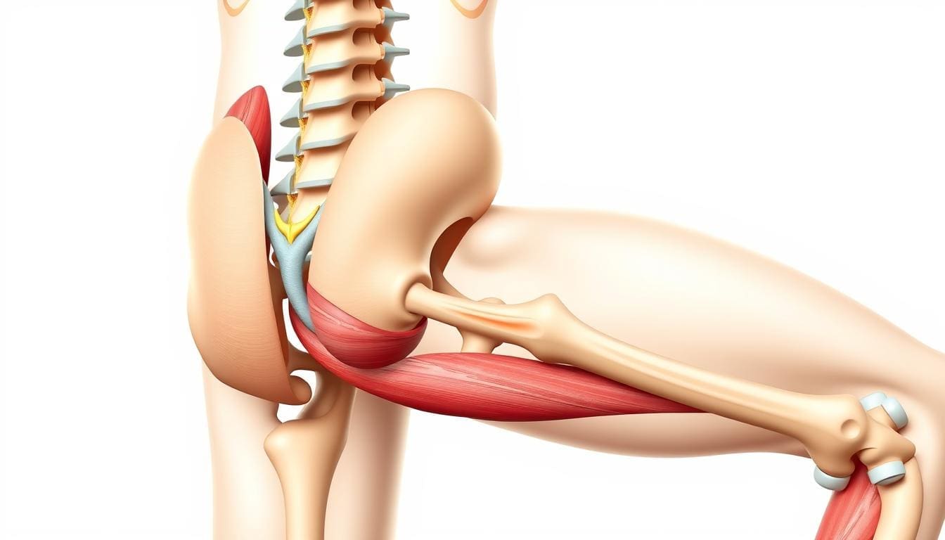 Detailed anatomical illustration of the lower back and leg region, showcasing the interconnected structures responsible for lower back pain and aching legs. Prominently feature the vertebral column, sciatic nerve, muscle groups, and connective tissues. Render in a neutral color palette with high contrast to emphasize the underlying architecture. Employ a medical illustration style with crisp lines, subtle shading, and an exploded view for maximum clarity. Capture the image from a slightly elevated angle to provide an optimal view of the relevant anatomy. Convey a sense of educational purpose and clinical precision, without distracting elements.