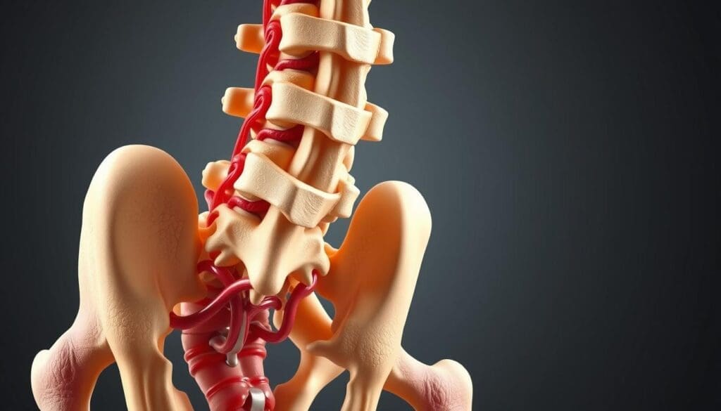 Detailed anatomical illustration of the lumbar spine structure, showcasing the vertebrae, intervertebral discs, and surrounding ligaments and muscles. The image should be rendered in a realistic, high-resolution style using a combination of soft, directional lighting and detailed textures to highlight the intricate anatomical features. The perspective should be slightly angled, providing a clear view of the lumbar spine's curvature and the relationship between its key components. The overall mood should convey a sense of scientific precision and educational purpose, without any distracting elements or unrealistic embellishments.