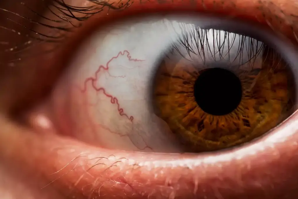Detailed close-up of a human eye, with a large tumor bulging behind it, causing significant distortion and discoloration of the iris and pupil. The eye appears swollen, bloodshot, and slightly protruding from the socket, conveying a sense of discomfort and impaired vision. The lighting is harsh, casting deep shadows and highlighting the unnatural deformities, creating an unsettling, almost horrific atmosphere. The background is blurred, keeping the focus solely on the afflicted eye, emphasizing the medical nature of the subject.