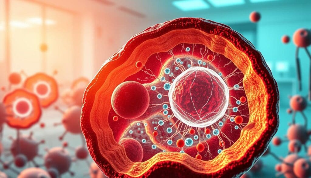 Detailed cross-section of hematopoietic stem cells, rendered in a realistic scientific illustration style. Bright, warm lighting illuminates the foreground, showcasing the intricate cellular structures and organelles. Mid-ground features a network of supporting cells and extracellular matrix, creating a dynamic 3D environment. The background subtly fades into a clean, minimalist laboratory setting, emphasizing the clinical and investigative nature of the subject matter. High-resolution, accurate anatomical details and vibrant, saturated color palette to convey the vital, life-giving properties of these blood-forming stem cells.