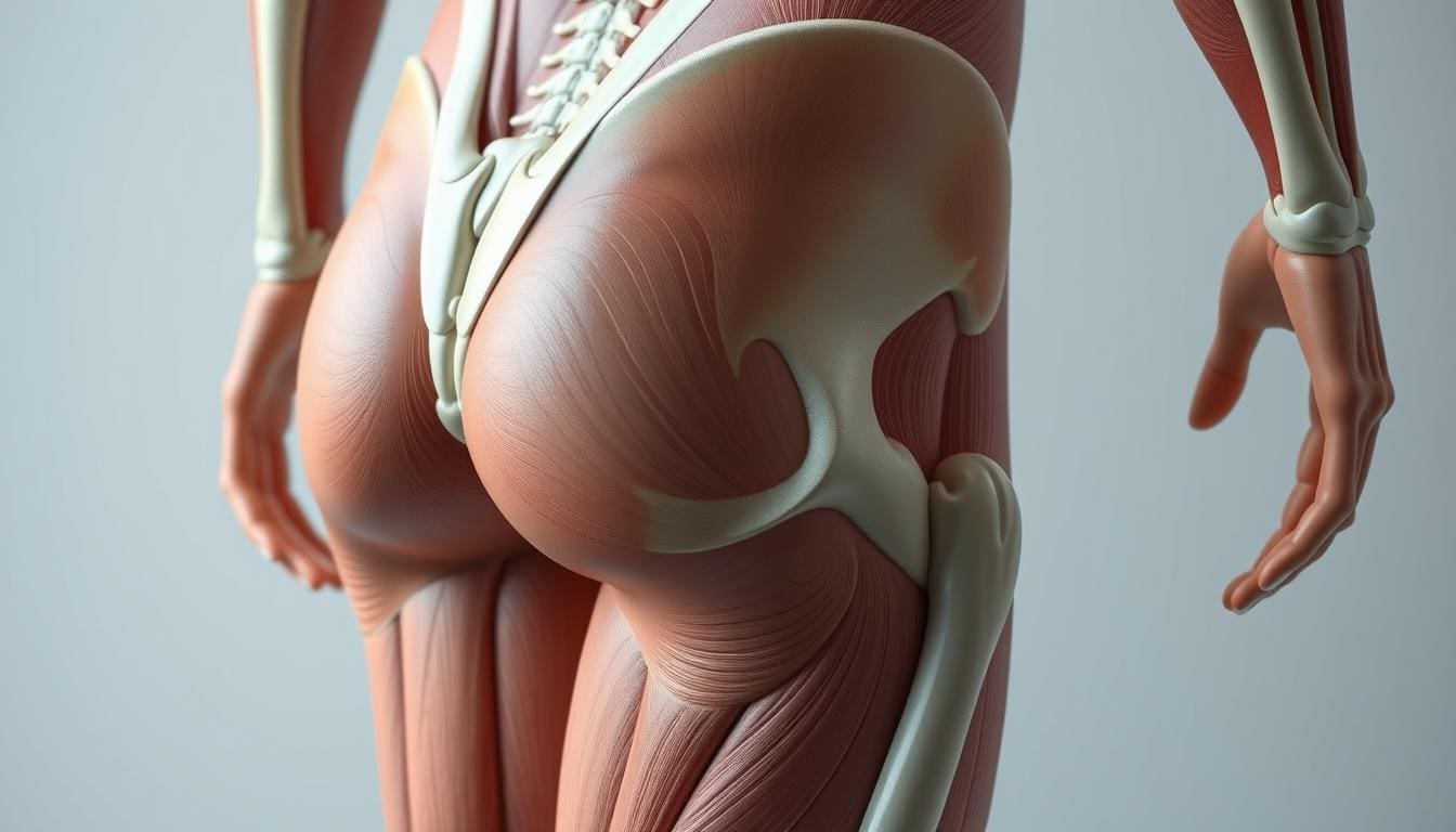 Detailed medical diagram of the lower back and thigh anatomy, showcasing the intricate musculature, connective tissues, and skeletal structures. Rendered with high precision and anatomical accuracy, the image should provide a clear visual representation of the region's complex interplay of muscles, ligaments, and bones. Capture the image from a slightly elevated angle, with soft, diffused lighting that enhances the depth and three-dimensionality of the subject. The overall mood should convey a sense of scientific study and clinical understanding, without any distracting elements or extraneous details.