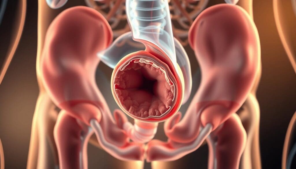 Detailed medical illustration of Benign Prostatic Hyperplasia (BPH), showcasing the enlarged prostate gland compressing the urethra. Crisp, high-resolution photorealistic rendering with precise anatomical accuracy, demonstrating the pathological condition in a cross-sectional view. Soft, warm lighting accentuates the tissue structures, while a subtle depth of field creates a sense of depth and focus on the key anatomical features. The image should convey a clinical, educational tone suitable for a medical publication. Detailed medical illustration of Benign Prostatic Hyperplasia (BPH), showcasing the enlarged prostate gland compressing the urethra. Crisp, high-resolution photorealistic rendering with precise anatomical accuracy, demonstrating the pathological condition in a cross-sectional view. Soft, warm lighting accentuates the tissue structures, while a subtle depth of field creates a sense of depth and focus on the key anatomical features. The image should convey a clinical, educational tone suitable for a medical publication.