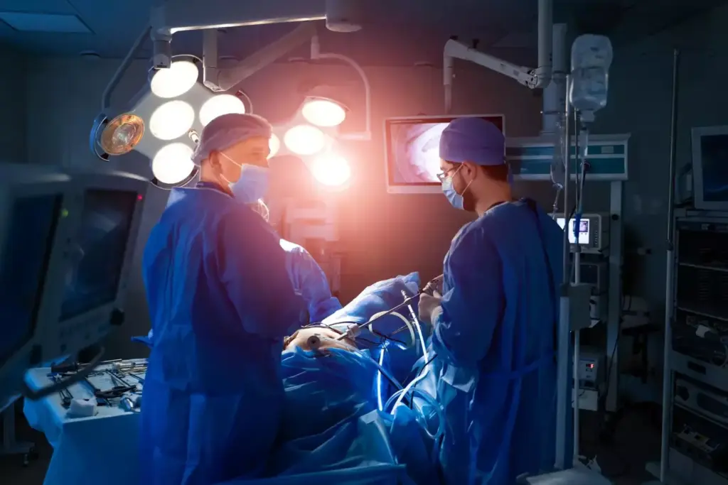 Detailed medical illustration of a cervical spinal fusion procedure. Anatomically accurate cross-section of the cervical spine, highlighting the vertebrae, discs, and surrounding tissues. Precise rendering of the surgical implants, including metallic plates, screws, and bone grafts, with a clean, technical aesthetic. Bright, directional lighting emphasizes the 3D structure, while a muted, clinical color palette conveys the medical nature of the subject. The composition provides a clear, unobstructed view of the surgical site, allowing for easy comprehension of the procedure.