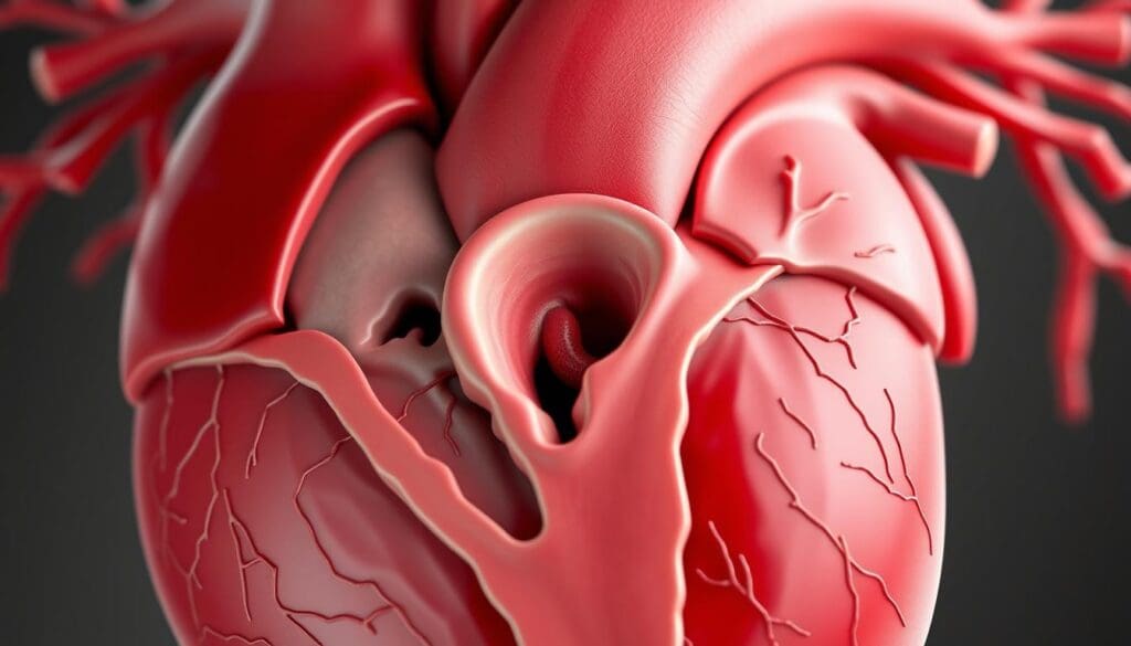 Detailed medical illustration of aortic valve stenosis, showing the thickened, stiffened aortic valve leaflets obstructing blood flow from the left ventricle into the aorta. Render the heart anatomy in a crisp, photorealistic style using natural lighting to highlight the anatomical structures. Depict the valvular dysfunction and narrowed valve opening with precision, conveying the essential facts about this cardiovascular condition. Frame the image to focus on the aortic valve region, with enough context to situate it within the thoracic cavity. Maintain a neutral, clinical tone appropriate for a medical educational resource.