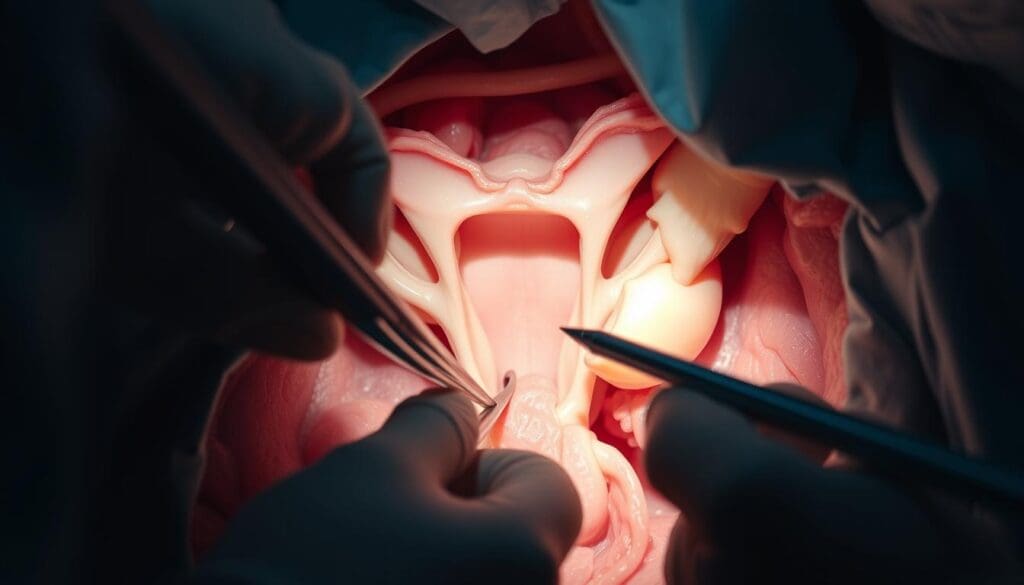 Minimally invasive hysterectomy procedure, with a detailed view of the uterus, ovaries, and surrounding anatomy. Soft, diffused lighting illuminates the surgical field, captured from a low, slightly angled perspective to convey the intricate nature of the procedure. The image should evoke a sense of medical precision and technical expertise, showcasing the delicate manipulations required for this minimally invasive approach. Emphasize the compact, streamlined instruments and the small incisions, highlighting the benefits of this surgical technique compared to traditional open hysterectomy. The overall mood should be one of clinical professionalism and reassurance, reflecting the advancements in modern gynecological care.