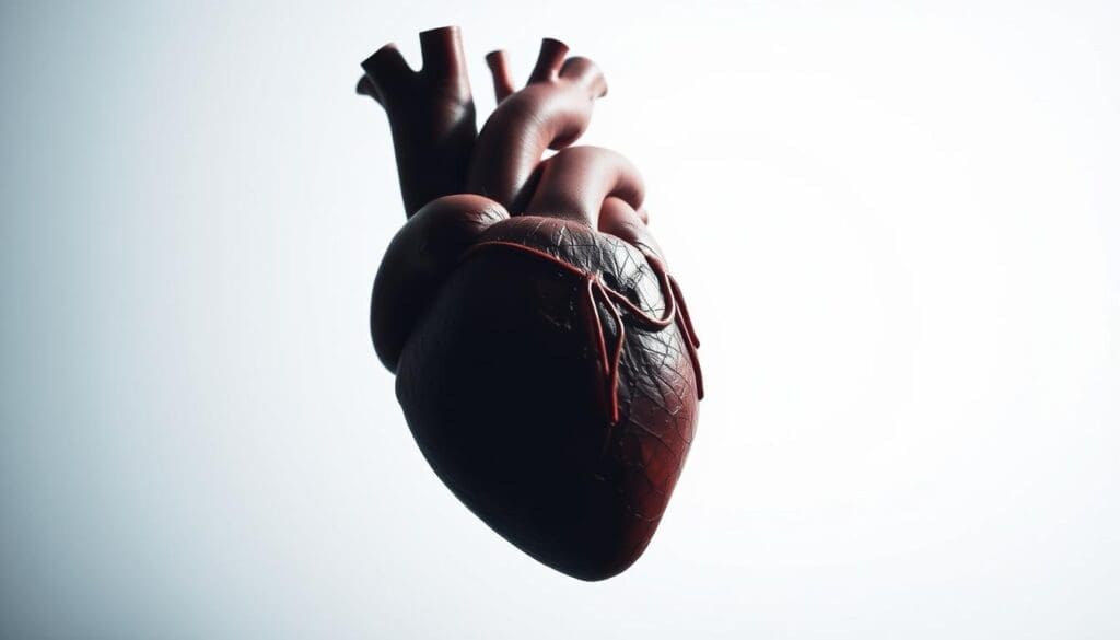 Realistic close-up of a human heart palpitating rapidly against a stark white background, with sharp focus on the erratic, irregular heartbeat. The heart appears tense, strained, and under duress, conveying a sense of anxiety and physiological distress. Dramatic chiaroscuro lighting casts deep shadows, heightening the sense of unease and internal turmoil. The composition emphasizes the heart's central role in the body's stress response, capturing the visceral connection between the mind and the physical manifestations of anxiety.