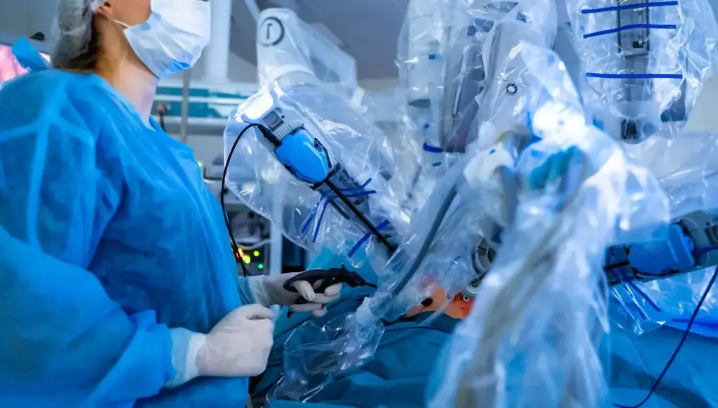 Robotic cardiac surgery in a state-of-the-art operating theater. A skilled surgeon manipulates advanced surgical instruments with precise robotic arms, performing a delicate bypass procedure on a detailed, anatomically accurate heart model. The scene is bathed in a cool, clinical lighting that casts dramatic shadows, emphasizing the technological precision of the operation. The background is blurred, but hints at the advanced medical equipment and monitoring systems that support the intricate procedure. An atmosphere of focused intensity and medical innovation permeates the image, reflecting the evolution of heart bypass techniques from open to minimally invasive endoscopic approaches.