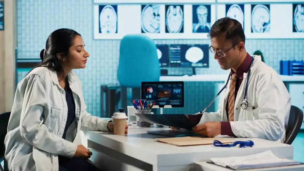 Specialist and patient discussing diagnostic results in a modern medical office Specialist and patient discussing diagnostic results in a modern medical office