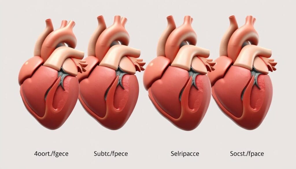 Stages of Aortic Stenosis: A Medical Illustration Detailed cross-sectional view showcasing the four progressive stages of aortic valve stenosis. Realistic anatomical rendering depicting the heart, aorta, and surrounding structures in muted tones. Crisp, high-resolution photorealistic style with precise detailing of the aortic valve, capturing the narrowing and calcification at each stage. Smooth, even lighting accentuates the 3D forms, creating depth and volume. Clean, clinical background allows the medical imagery to take center stage. Angles and perspective optimize visibility and understanding of this cardiovascular condition. Stages of Aortic Stenosis: A Medical Illustration Detailed cross-sectional view showcasing the four progressive stages of aortic valve stenosis. Realistic anatomical rendering depicting the heart, aorta, and surrounding structures in muted tones. Crisp, high-resolution photorealistic style with precise detailing of the aortic valve, capturing the narrowing and calcification at each stage. Smooth, even lighting accentuates the 3D forms, creating depth and volume. Clean, clinical background allows the medical imagery to take center stage. Angles and perspective optimize visibility and understanding of this cardiovascular condition.