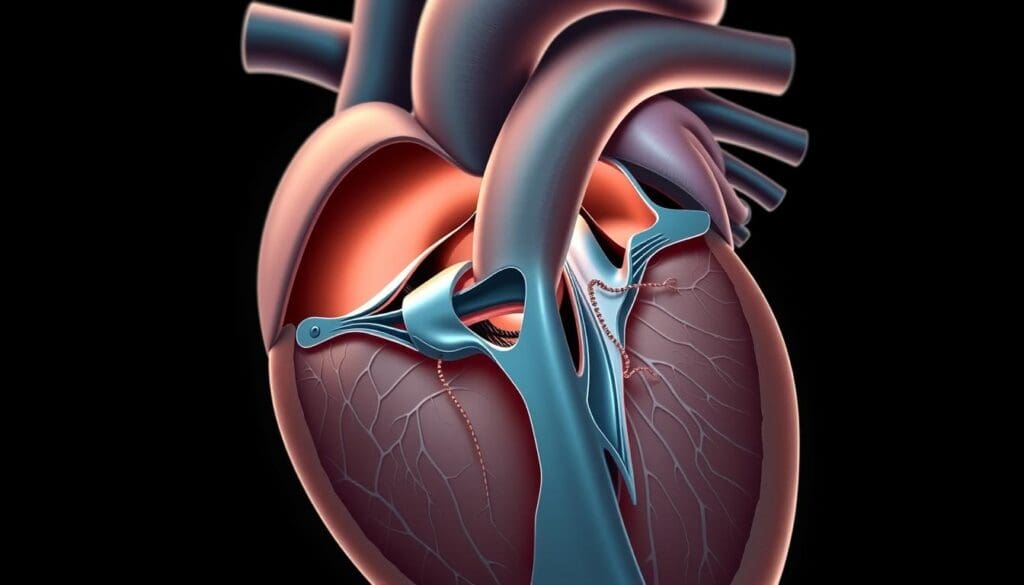 a detailed cross-sectional diagram of the human heart, focused on the aortic valve region, showing the defective or insufficiently functioning aortic valve with surrounding anatomical structures such as the aorta, left ventricle, and myocardium, rendered in highly realistic, medically accurate illustration style using a soft, muted color palette, lit from the left with subtle shadows to convey depth and form, shot from a slightly elevated angle to provide a clear, comprehensive view of the aortic valve deficiency