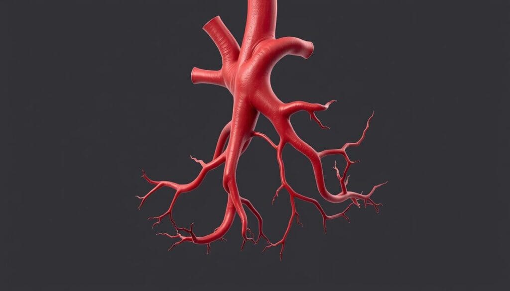 a detailed medical illustration of a healthy human aorta, showing the aortic root, ascending aorta, aortic arch, and descending aorta in vivid anatomical detail. The image should be rendered in a realistic, high-resolution style with accurate coloring and textures, capturing the intricate structure and function of this vital blood vessel. The lighting should be soft and directional, highlighting the three-dimensional form of the aorta. The camera angle should be from a slightly elevated perspective, allowing the viewer to clearly see the overall shape and branching points of the aorta. The background should be clean and neutral, placing the focus entirely on the aorta and its anatomical features.