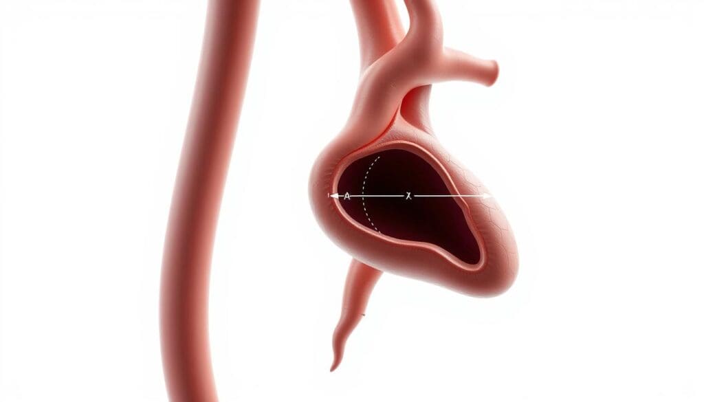 a high-resolution, realistic medical illustration of the human aorta, with a detailed diagram showcasing the measurement of the aortic diameter. The illustration should be presented against a clean, minimalist white background, with crisp and well-defined details. The aorta should be rendered in a life-like manner, highlighting its anatomical structure and the specific location of the measurement, using a combination of precise technical labeling and visual cues. The lighting should be soft and diffused, creating a clinical yet informative atmosphere, emphasizing the educational purpose of the image. The illustration should convey a sense of scientific accuracy and medical professionalism, making it suitable for inclusion in a medical publication on the topic of aortic dilation.