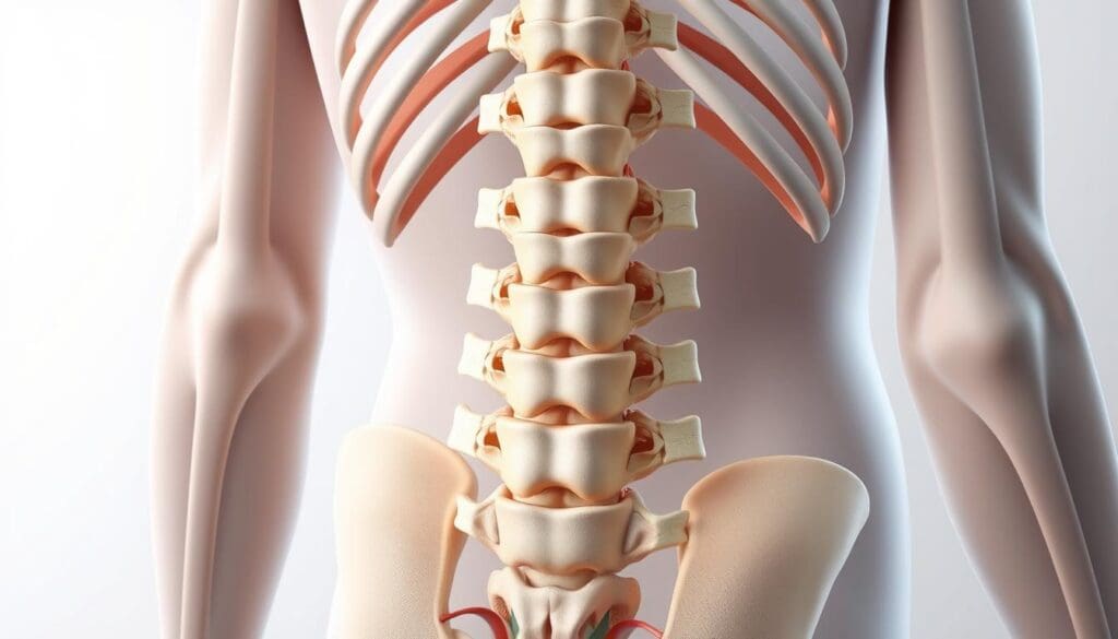 a highly detailed, photorealistic 3D medical illustration of the human lumbar spine anatomy, seen from a posterior angle, showcasing the vertebrae, intervertebral discs, ligaments, and surrounding muscles in a clean, scientific style with clear anatomical labeling; the scene is lit by soft, directional lighting to accentuate the contours and depth of the structures, captured with a sharp, macro lens at eye level to provide a comprehensive, educational view of this region
