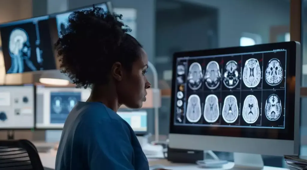 brain cancer classification - Image of woman looking at mri images of the brain on her computer